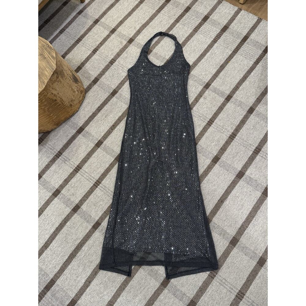 Vintage Finesse Halter Sequin Layer Maxi Dress Small Black Silver Sheath Prom